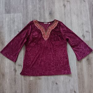 Soft Surroundings Womens XL Tunic Red Velvet Top Beaded Bell Sleeve Paisley Boho